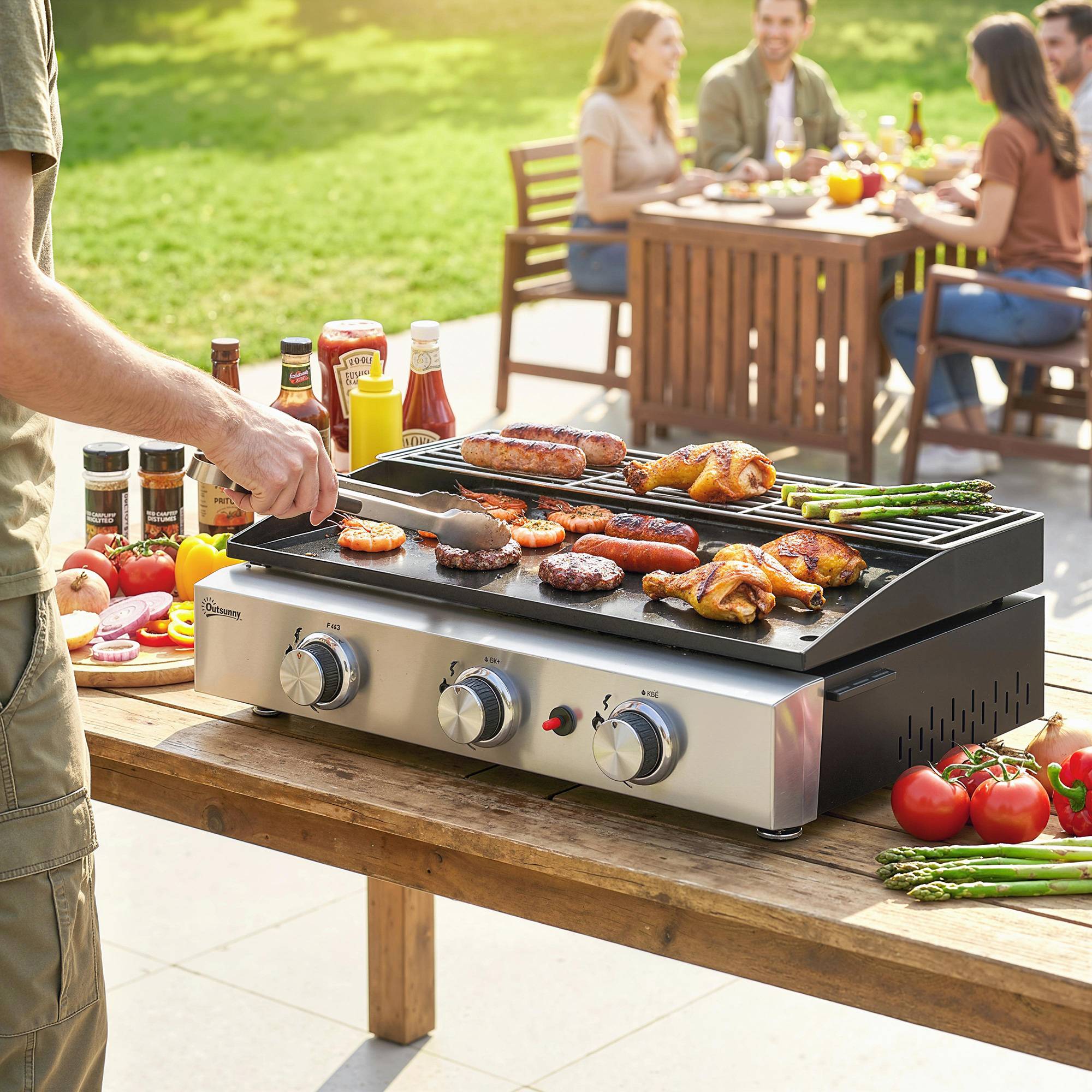 Barbecue à gaz portable 3 brûleurs 7,5 kW avec plaque de cuisson, grille de maintien au chaud et récupérateur de graisse noir - Imagen 3