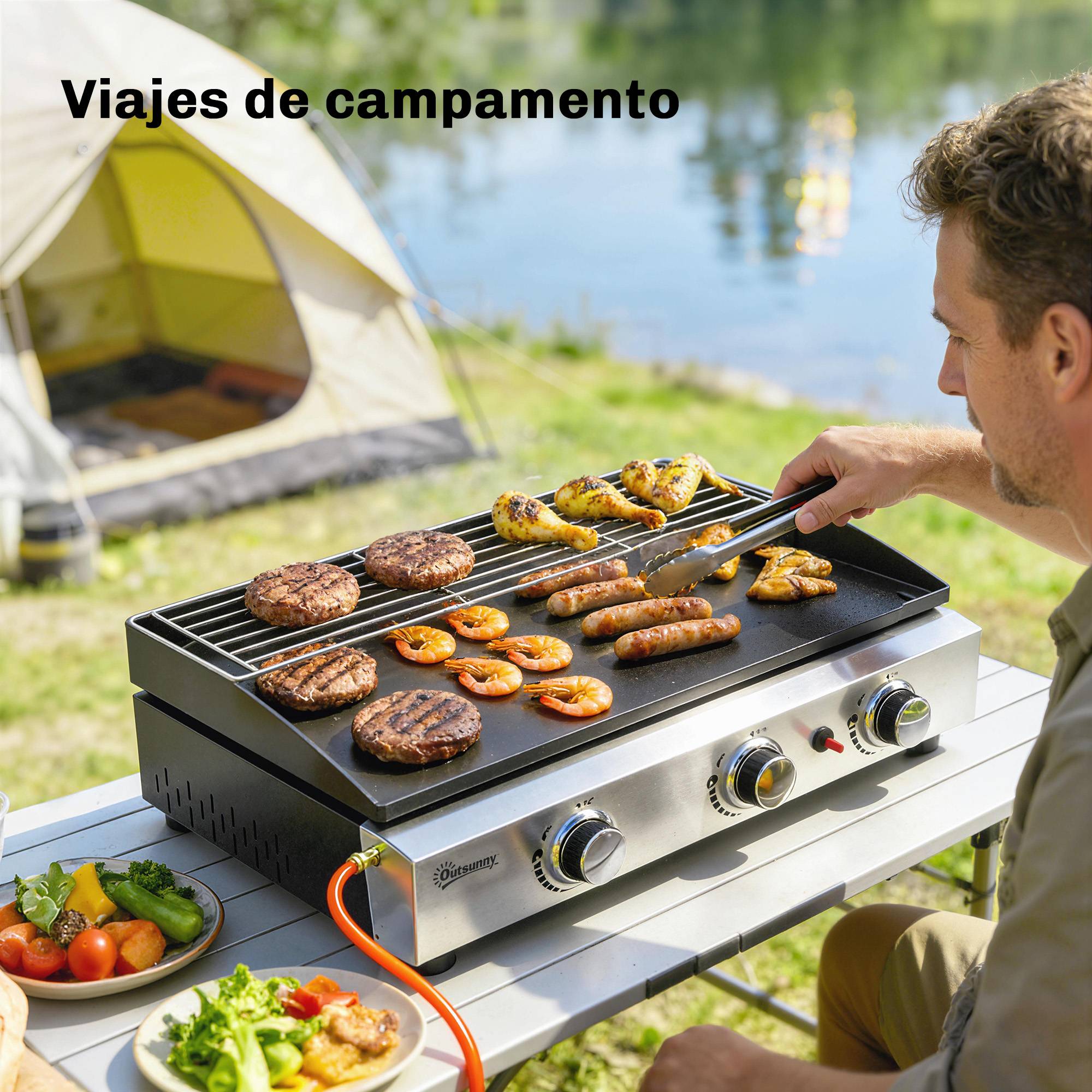 Barbecue à gaz portable 3 brûleurs 7,5 kW avec plaque de cuisson, grille de maintien au chaud et récupérateur de graisse noir - Imagen 10