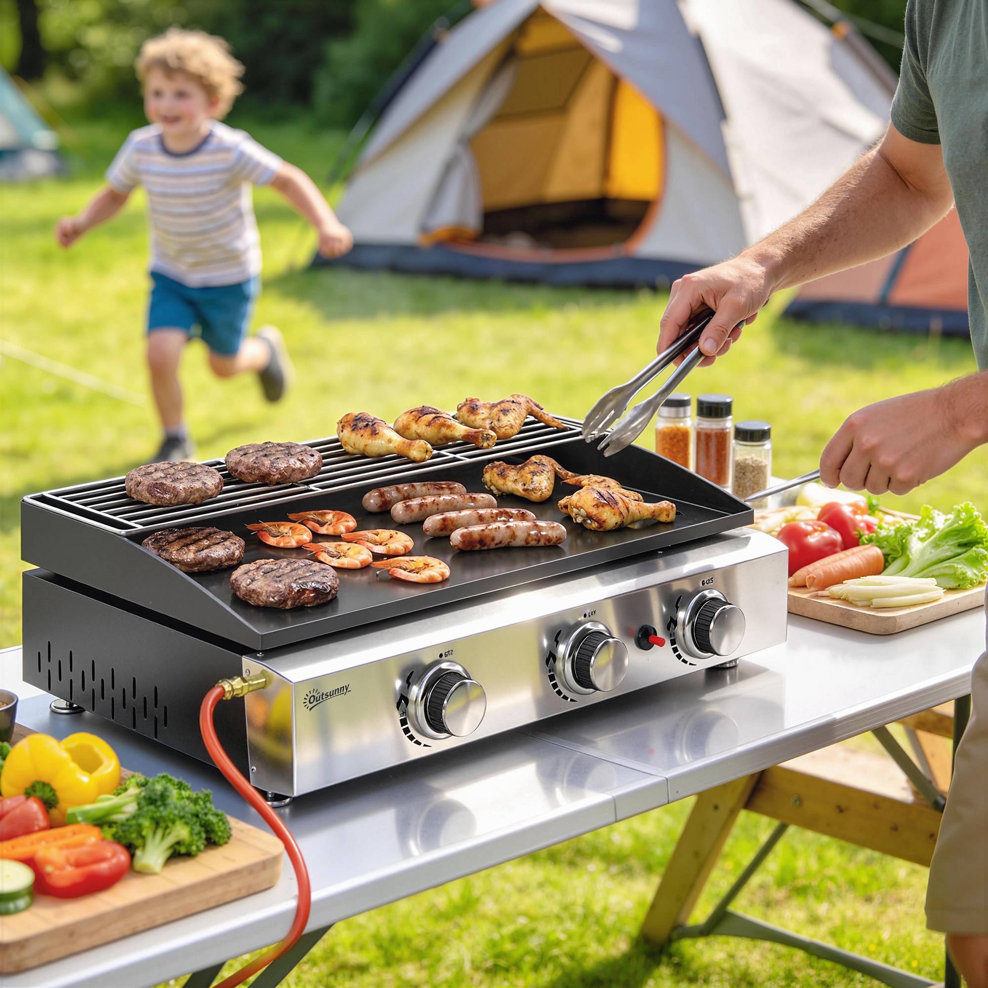 Barbecue à gaz portable 3 brûleurs 7,5 kW avec plaque de cuisson — free download