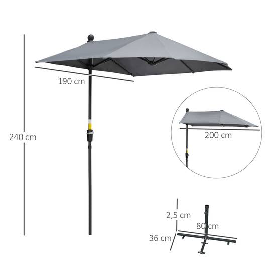 Parasol Demi-Lune Mural Balcon Terrasse Manivelle Acier Polyester Gris 200cm - ComfortXL Outdoor Living - Image 3