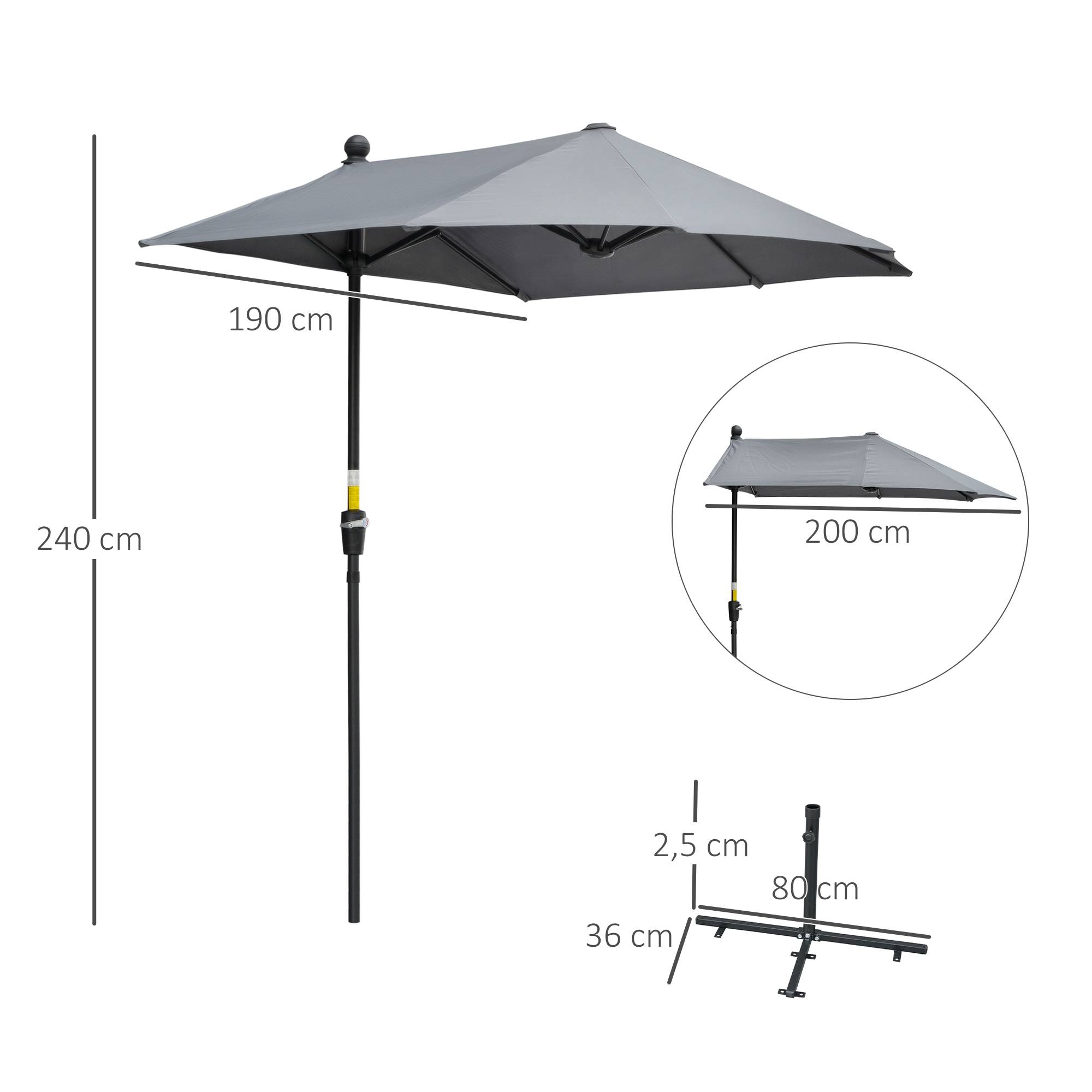 Parasol Demi-Lune Mural Balcon Terrasse Manivelle Acier Polyester Gris 200cm - ComfortXL Outdoor Living - Image 3