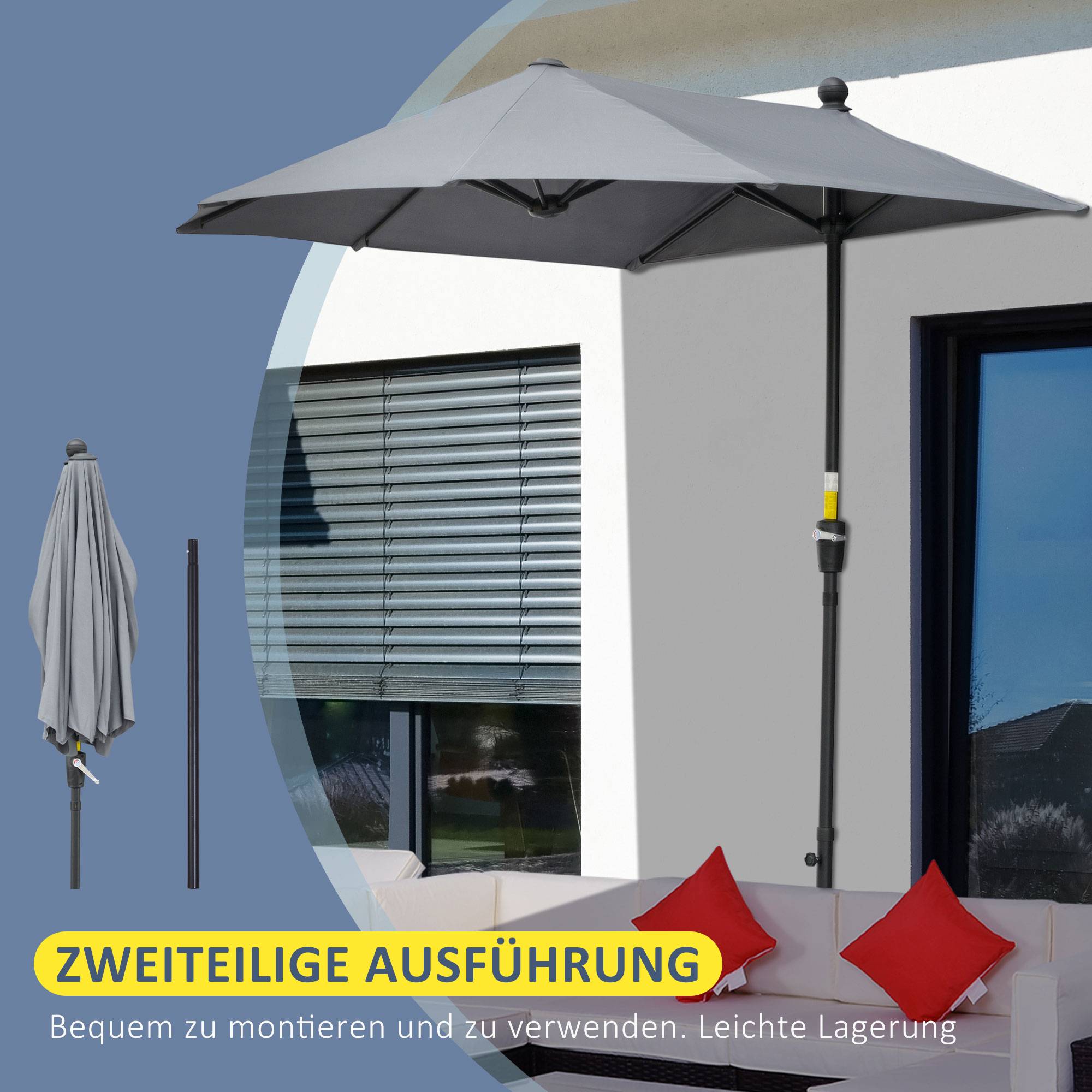 Parasol Demi-Lune Mural Balcon Terrasse Manivelle Acier Polyester Gris 200cm - ComfortXL Outdoor Living - Image 6