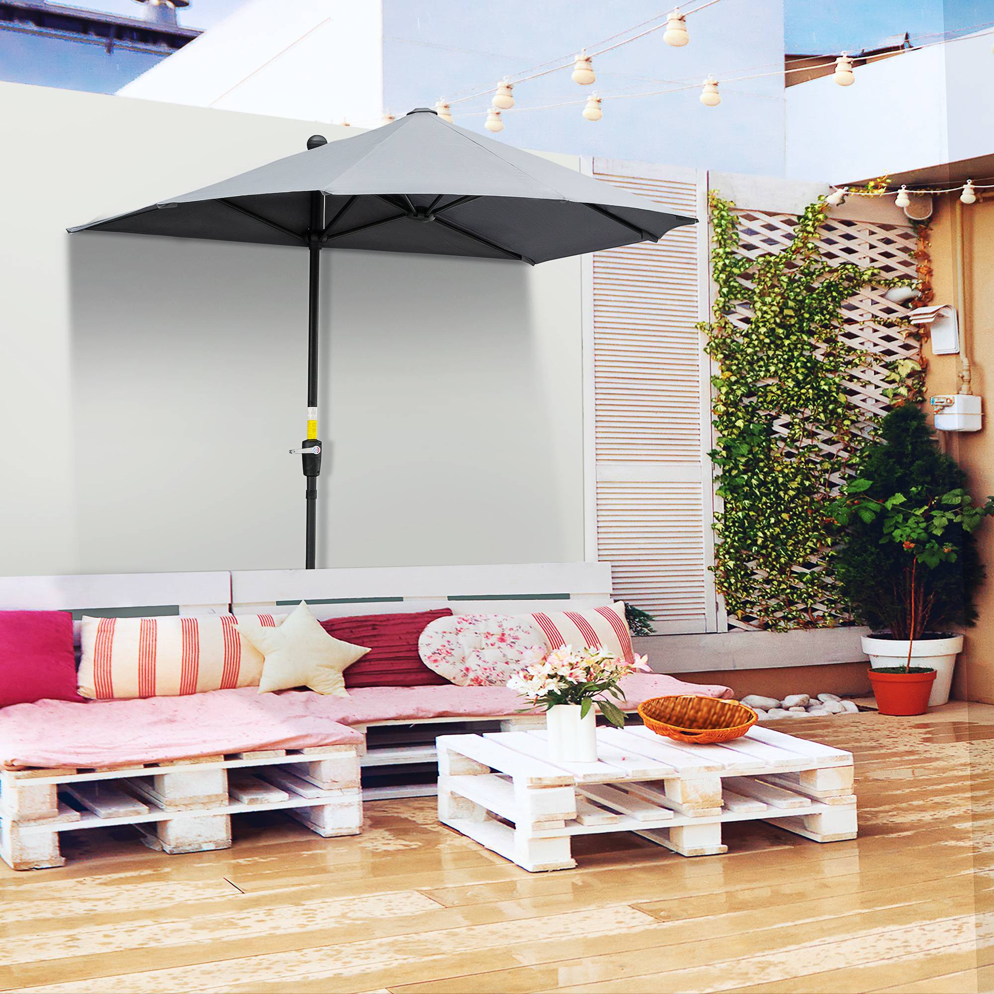 Parasol Demi-Lune Mural Balcon Terrasse Manivelle Acier Polyester Gris 200cm - ComfortXL Outdoor Living - Image 1
