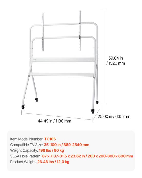 VEVOR Support TV roulettes 889-2540mm ch.90kg VESA 800x600, mobile salon/bureau/ext. - Image 7