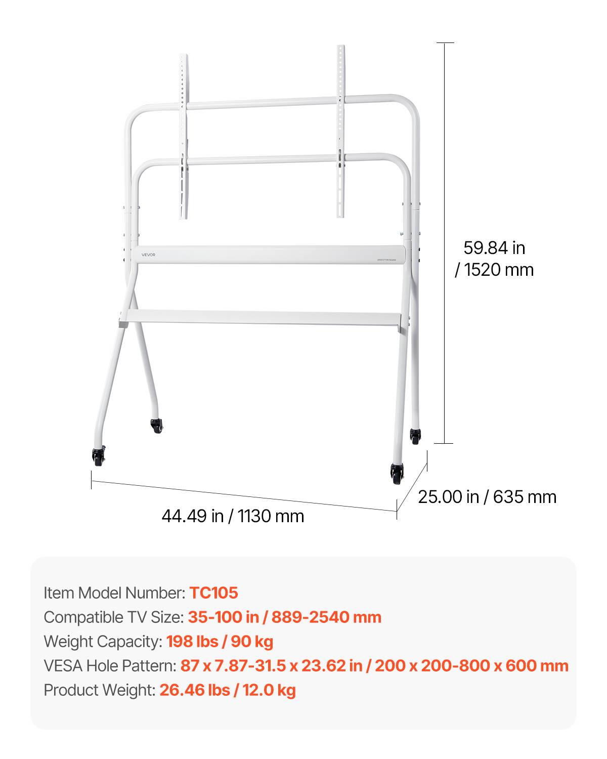 VEVOR Support TV roulettes 889-2540mm ch.90kg VESA 800x600, mobile salon/bureau/ext. - Image 7