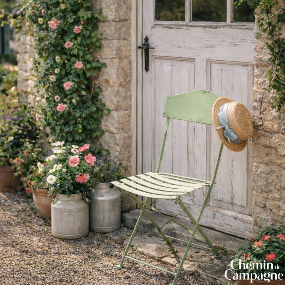 Chemin De Campagne - ~ Chaise pliante de jardin extérieur ancien métal vert 88cm Chemin de campagne - Imagen 2