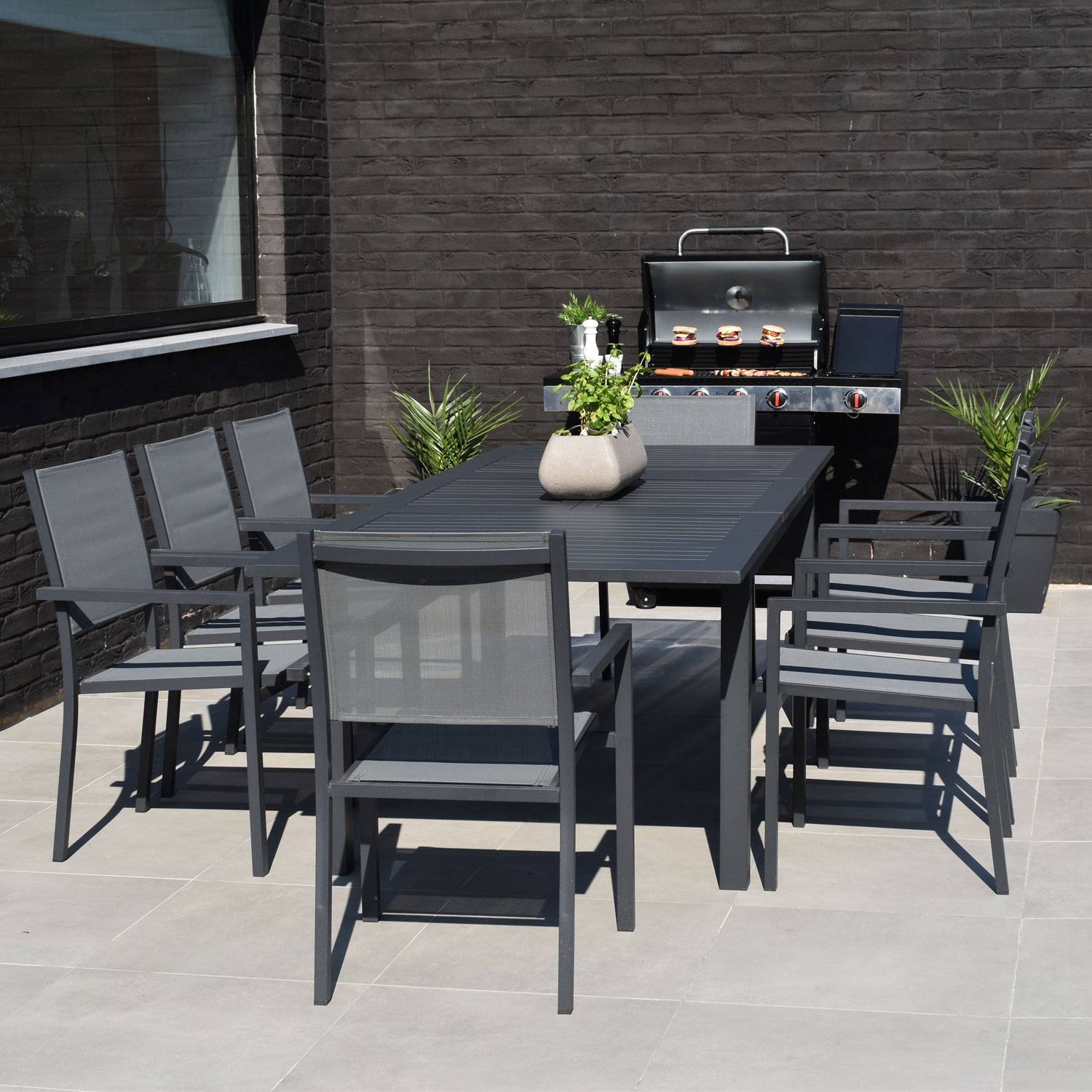 Happy Garden - Salon de jardin CAPRI extensible en textilène gris 8 places - aluminium anthracite - HAPPY GARDEN - Imagen 6
