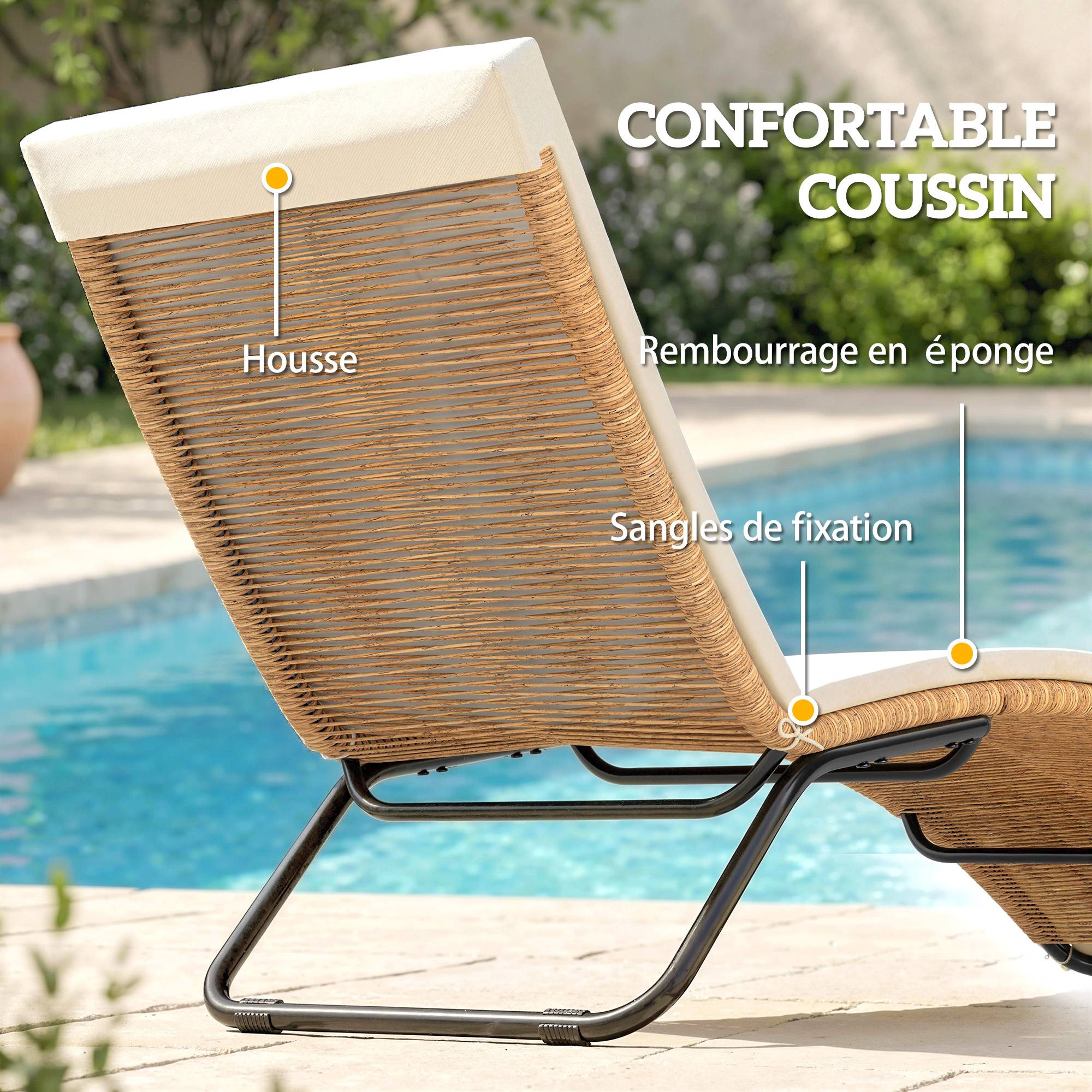 Bain de soleil transat résine tressée jardin terrasse ergonomique avec coussin 175x57x80cm crème - ComfortXL Outdoor Living - Image 8