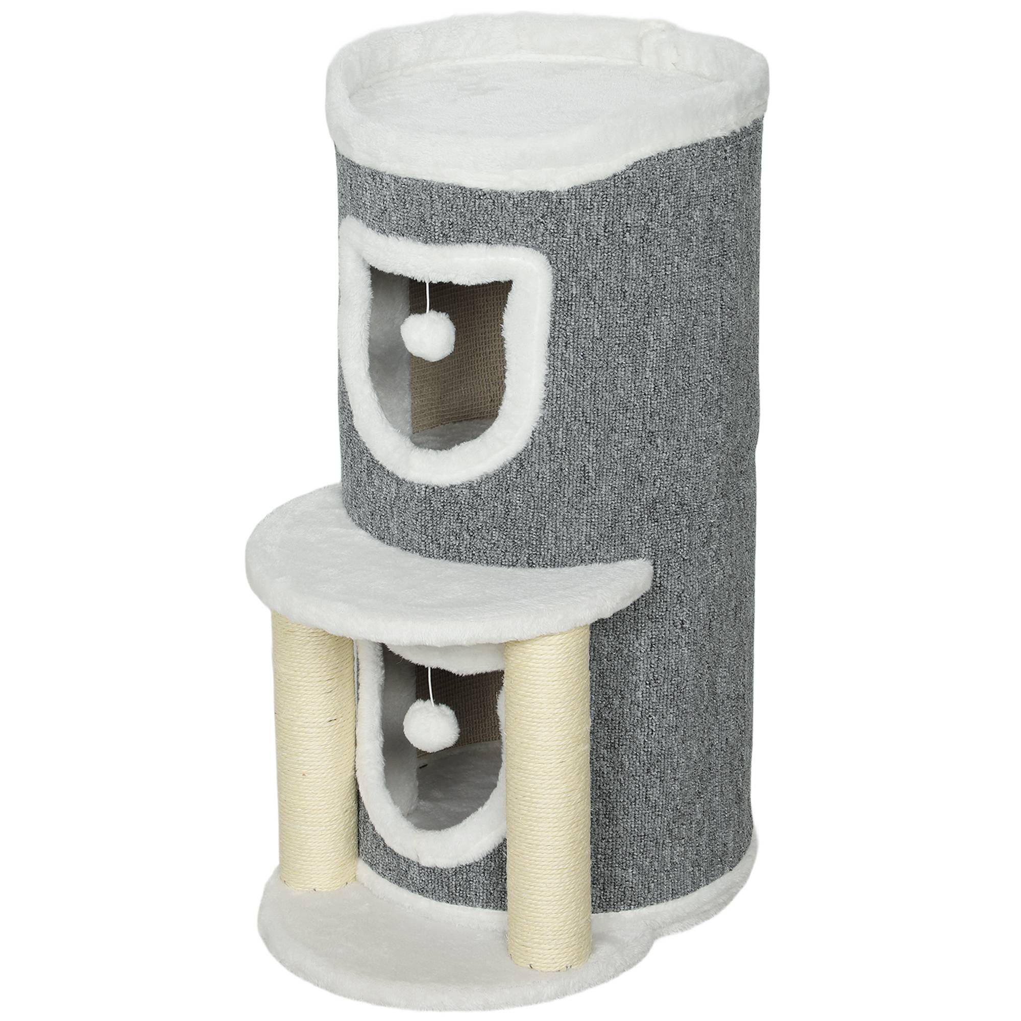 Arbre à Chat Design avec 2 Niches Lit et Griffoirs en Sisal 76 cm Gris - ComfortXL Outdoor Living - Image 2