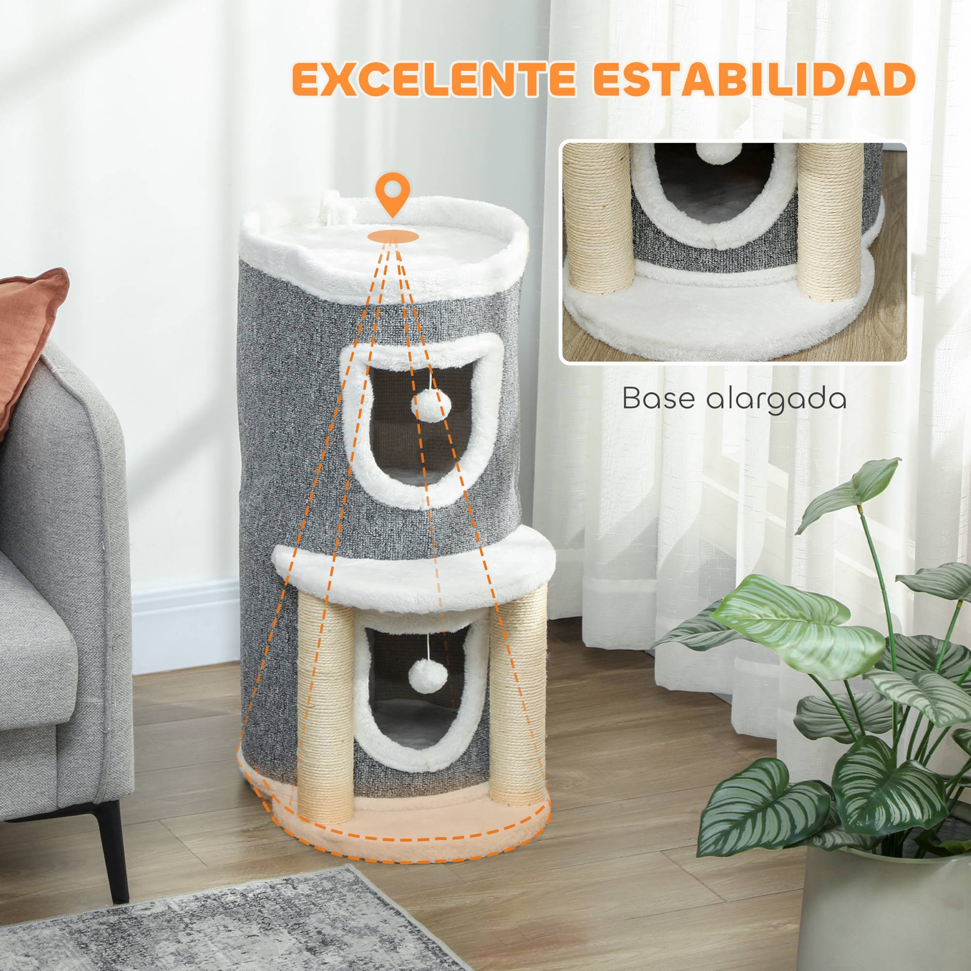 Arbre à Chat Design avec 2 Niches Lit et Griffoirs en Sisal 76 cm Gris - ComfortXL Outdoor Living - Image 9