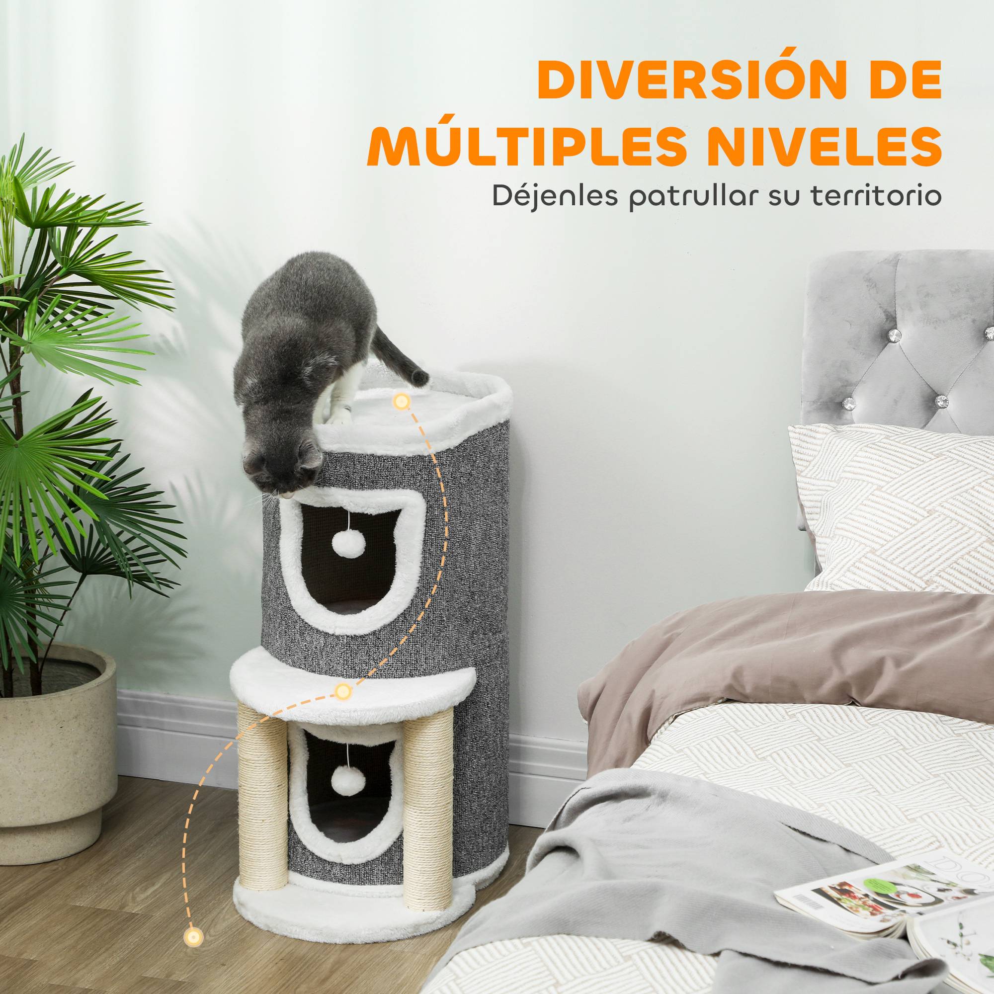 Arbre à Chat Design avec 2 Niches Lit et Griffoirs en Sisal 76 cm Gris - ComfortXL Outdoor Living - Image 6