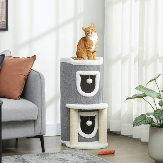Arbre à Chat Design avec 2 Niches Lit et Griffoirs en Sisal 76 cm Gris - ComfortXL Outdoor Living - Image 4