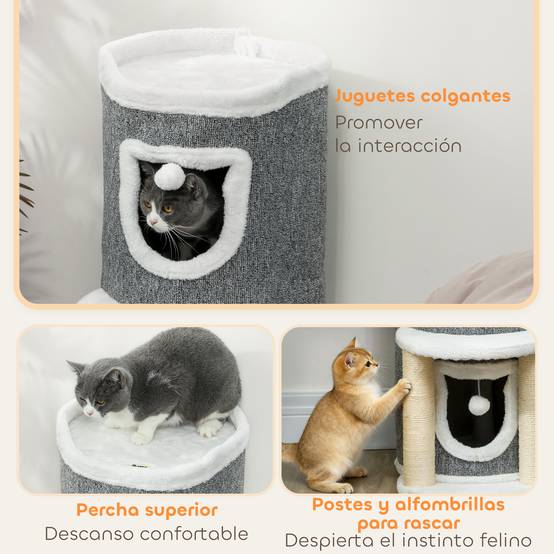 Arbre à Chat Design avec 2 Niches Lit et Griffoirs en Sisal 76 cm Gris - ComfortXL Outdoor Living - Image 8