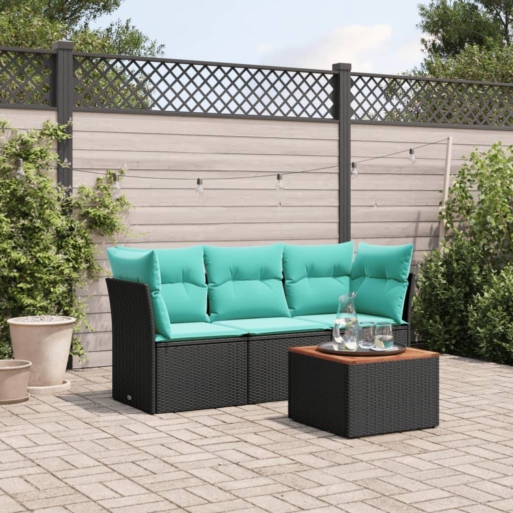ComfortXL - Petit Salon de Jardin Bas 4 Pièces Résine Tressée Noire Coffre Rangement Intégré Coussins Bleus – ComfortXL Outdoor Living - Image 1