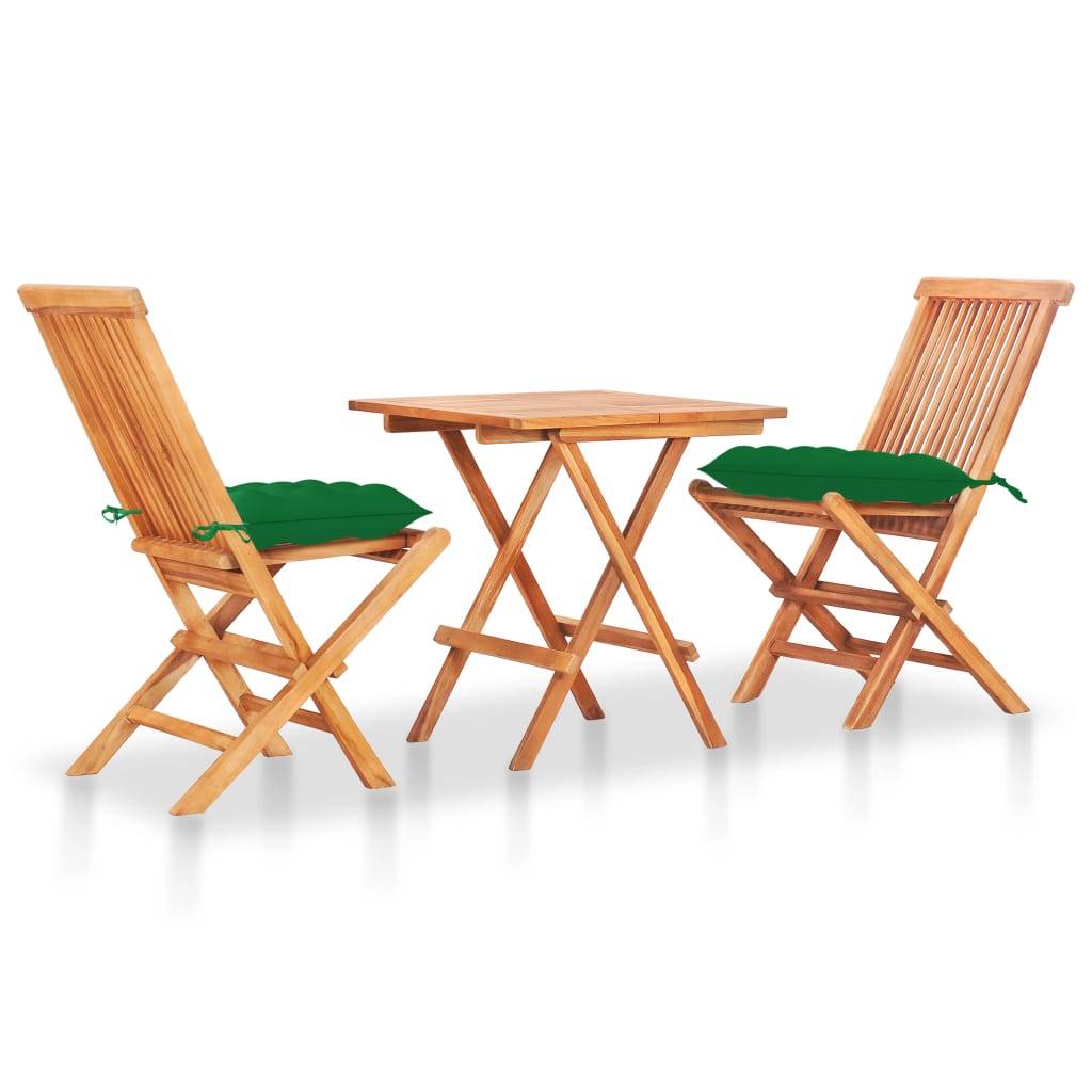 Ensemble de bistro jardin meuble extérieur terrasse 3 pièces avec coussins vert bois de teck massif - Imagen 1
