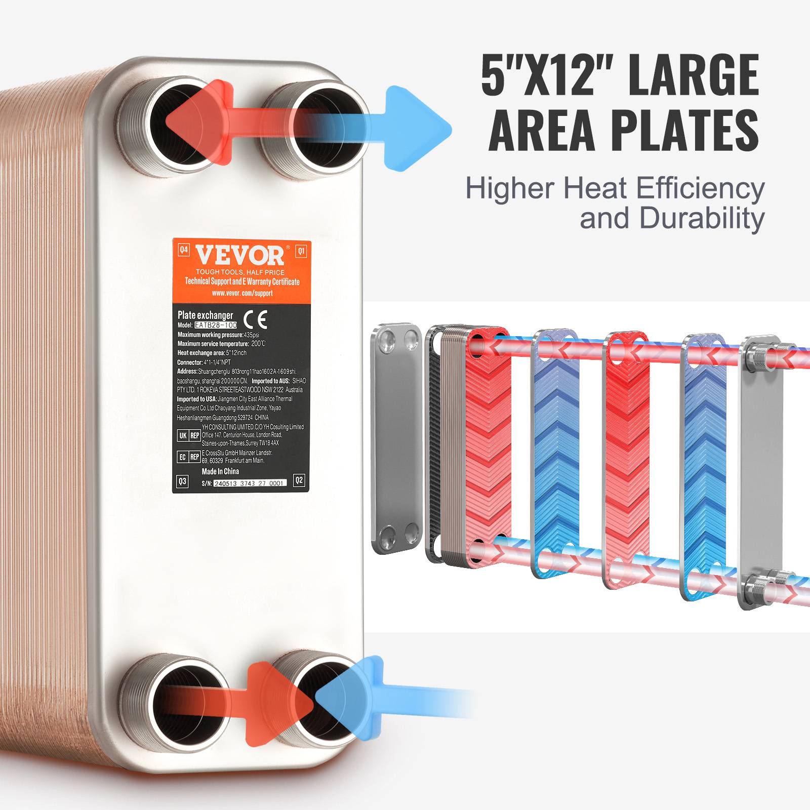 Vevor - VEVOR Échangeur chaleur plaques brasées, 80 plaques, 127x305 mm. Cuivre/inox 316L, chauffage sol, eau. - Image 4