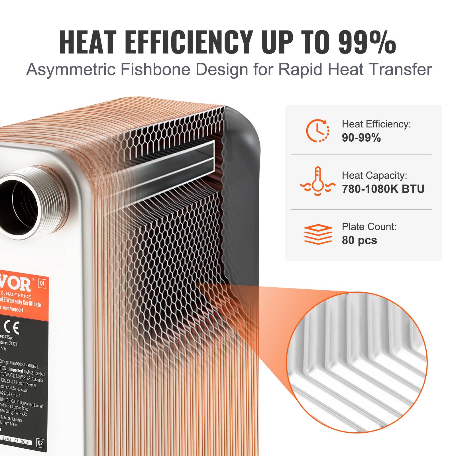 Vevor - VEVOR Échangeur chaleur plaques brasées, 80 plaques, 127x305 mm. Cuivre/inox 316L, chauffage sol, eau. - Image 3