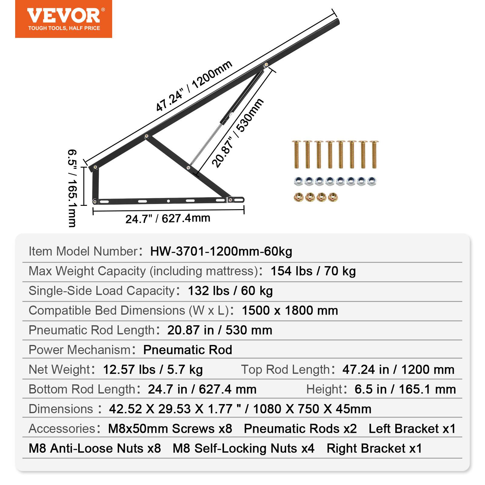 ROOMTEC Kit de quincaillerie pour lit Queen Murphy - Lit mural pliable - Horizontal - Facile à installer - Gain de place