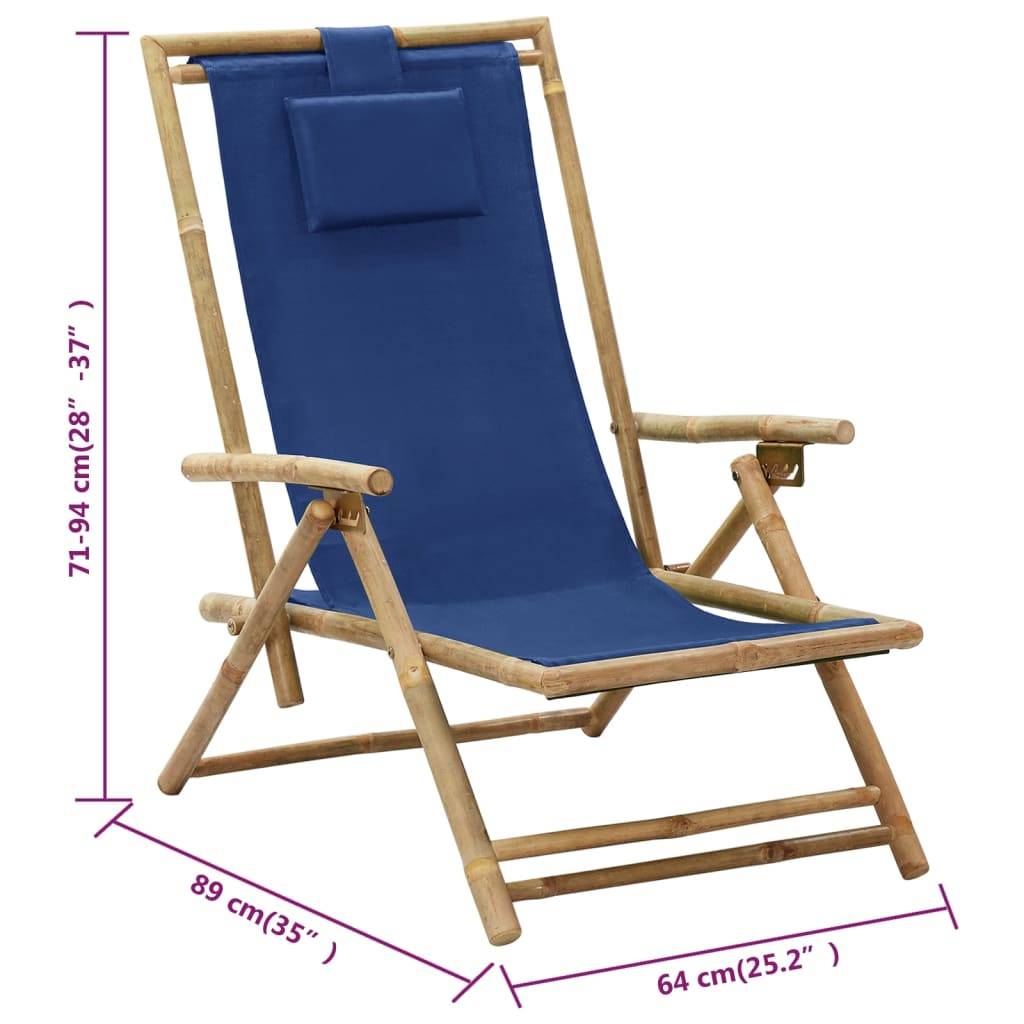 Chaise de jardin | Chaise de relaxation inclinable bleu marine bambou et tissu - Image 8