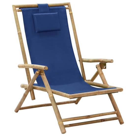 Chaise de jardin | Chaise de relaxation inclinable bleu marine bambou et tissu - Image 2