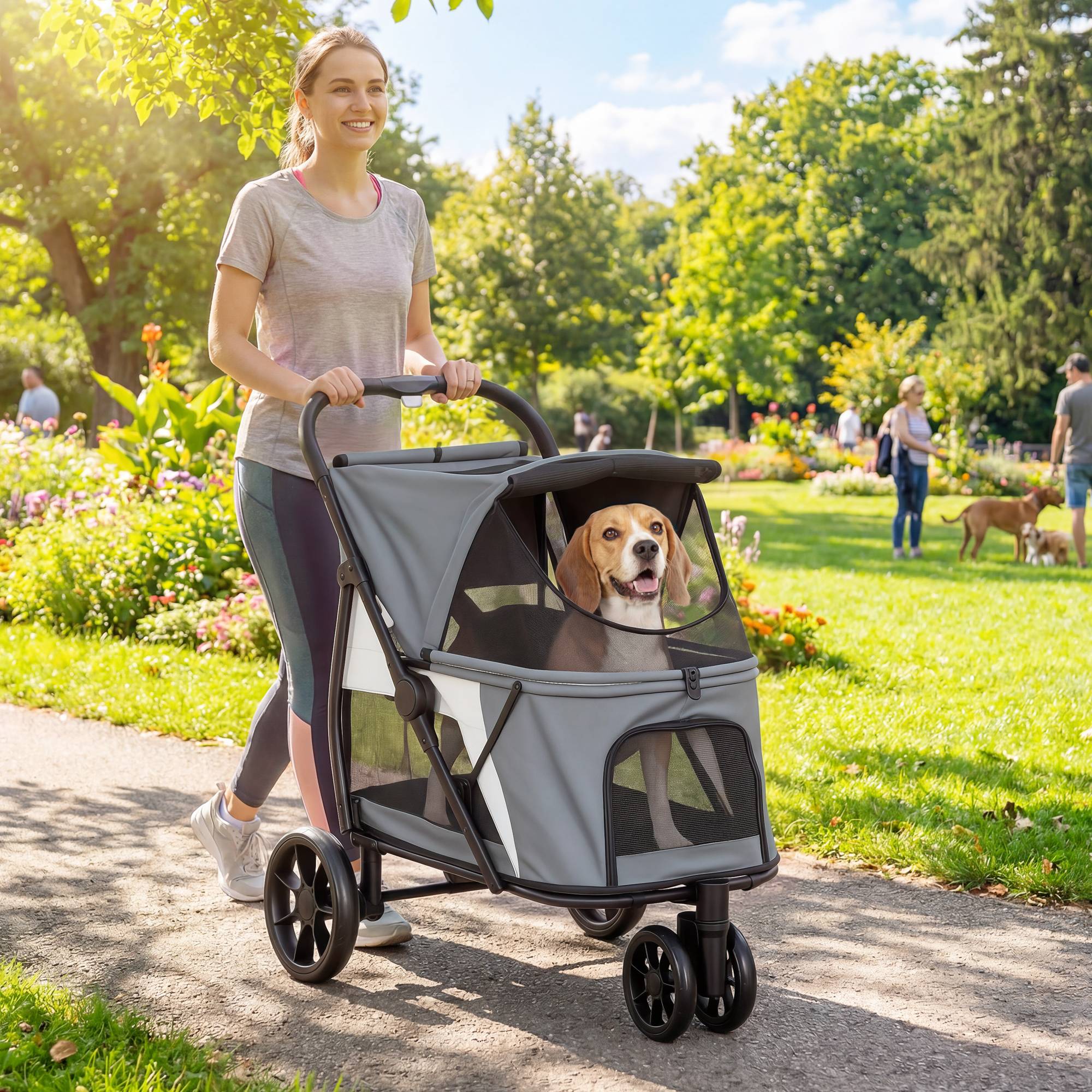 Sans Marque - Poussette pliable chien coussin lavable fenêtres filet 3 roues chiens taille moyenne 20 kg grise - Image 4