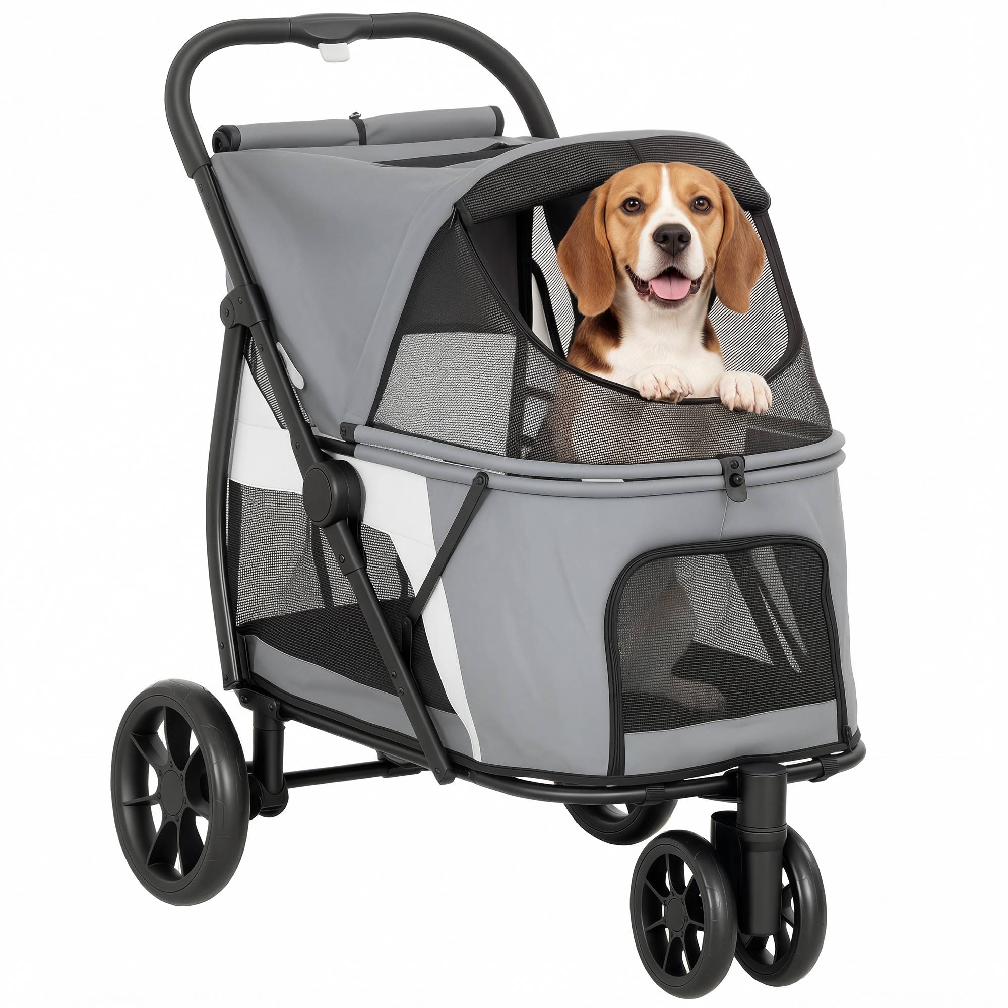 Sans Marque - Poussette pliable chien coussin lavable fenêtres filet 3 roues chiens taille moyenne 20 kg grise - Image 1