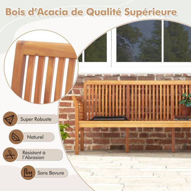 Helloshop26 - Banc de jardin terrasse en bois 3 places banc en acacia de 159 cm de long avec coussins d'assise doux dossier et accoudoirs ergonomiques blanc - Imagen 4