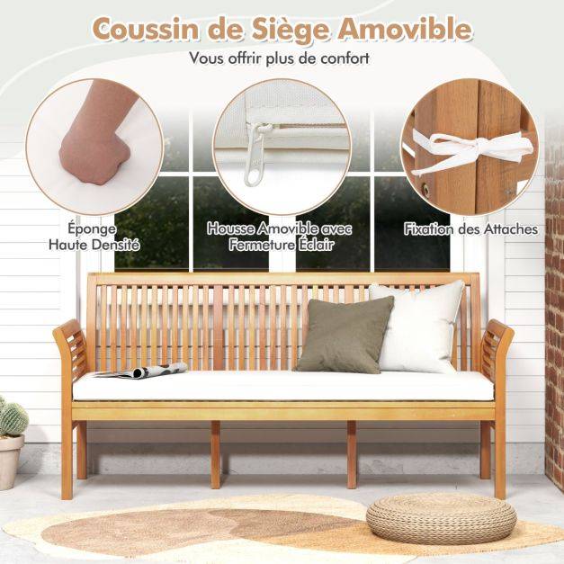 Helloshop26 - Banc de jardin terrasse en bois 3 places banc en acacia de 159 cm de long avec coussins d'assise doux dossier et accoudoirs ergonomiques blanc - Imagen 3