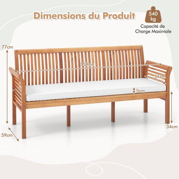 Helloshop26 - Banc de jardin terrasse en bois 3 places banc en acacia de 159 cm de long avec coussins d'assise doux dossier et accoudoirs ergonomiques blanc - Imagen 5