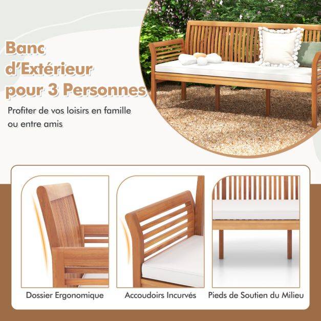 Helloshop26 - Banc de jardin terrasse en bois 3 places banc en acacia de 159 cm de long avec coussins d'assise doux dossier et accoudoirs ergonomiques blanc - Imagen 2