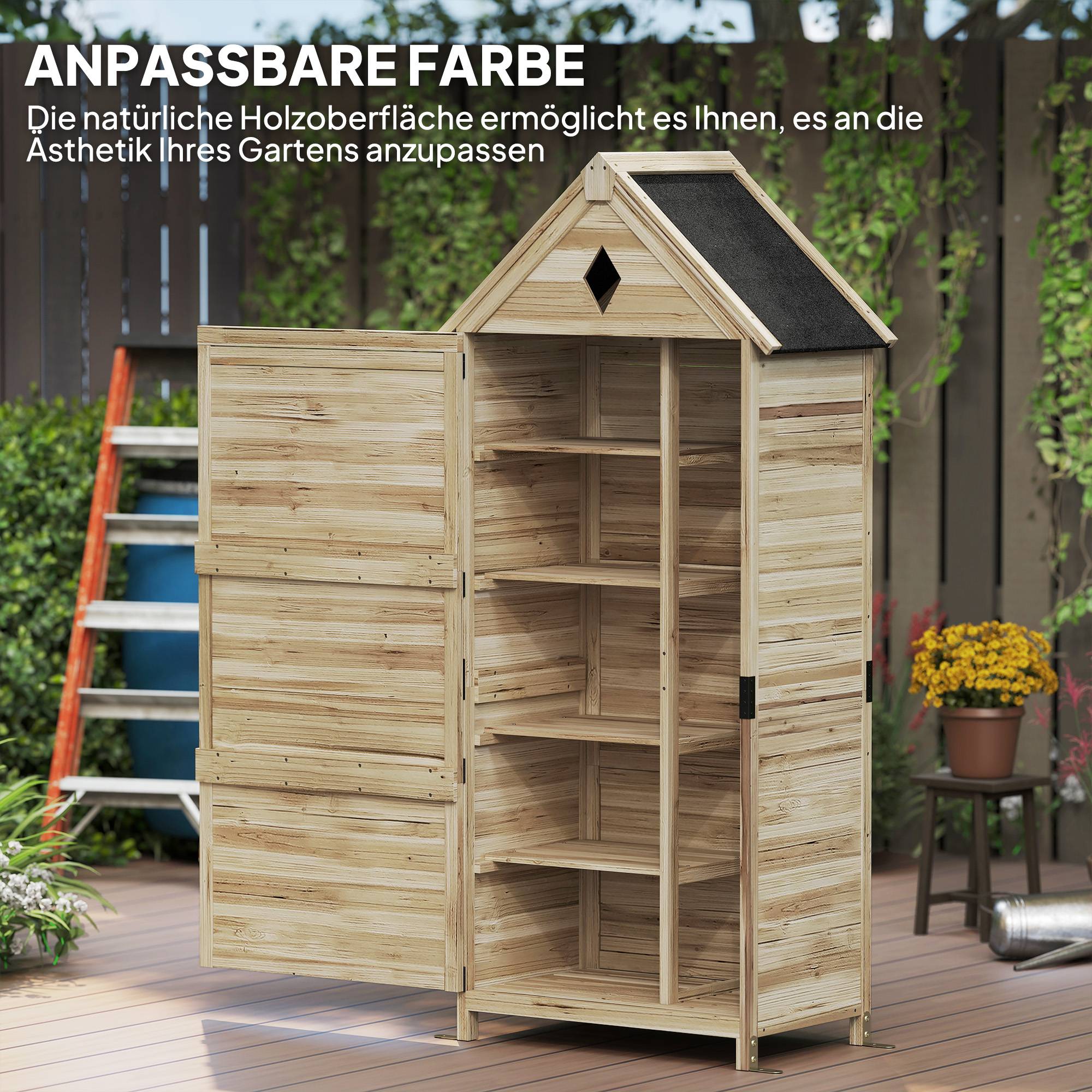 Abri de jardin avec 4 étagères, abri de rangement en bois, toit en asphalte étanche, 80 x 49 x 170 cm, marron clair - Image 9