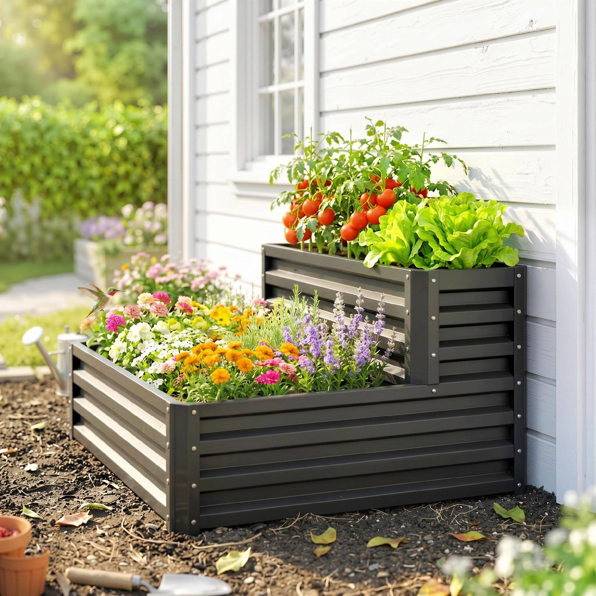 Sans Marque - Carré potager de jardin fond ouvert 2 étages pour herbes légumes fruits fleurs 120 x 101 x 58 cm gris foncé - Image 10