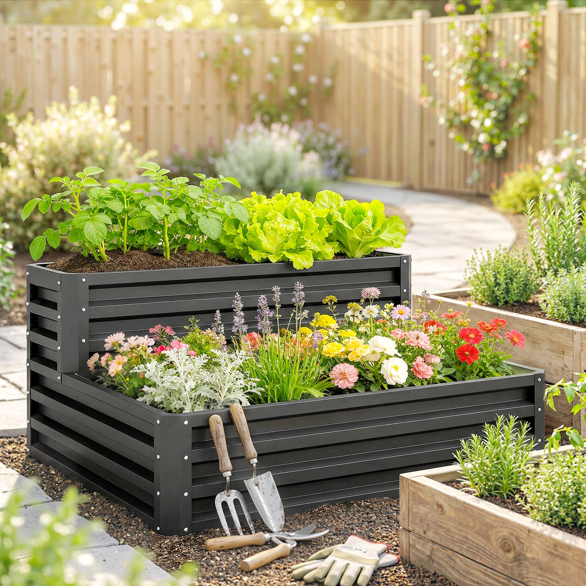 Sans Marque - Carré potager de jardin fond ouvert 2 étages pour herbes légumes fruits fleurs 120 x 101 x 58 cm gris foncé - Image 3