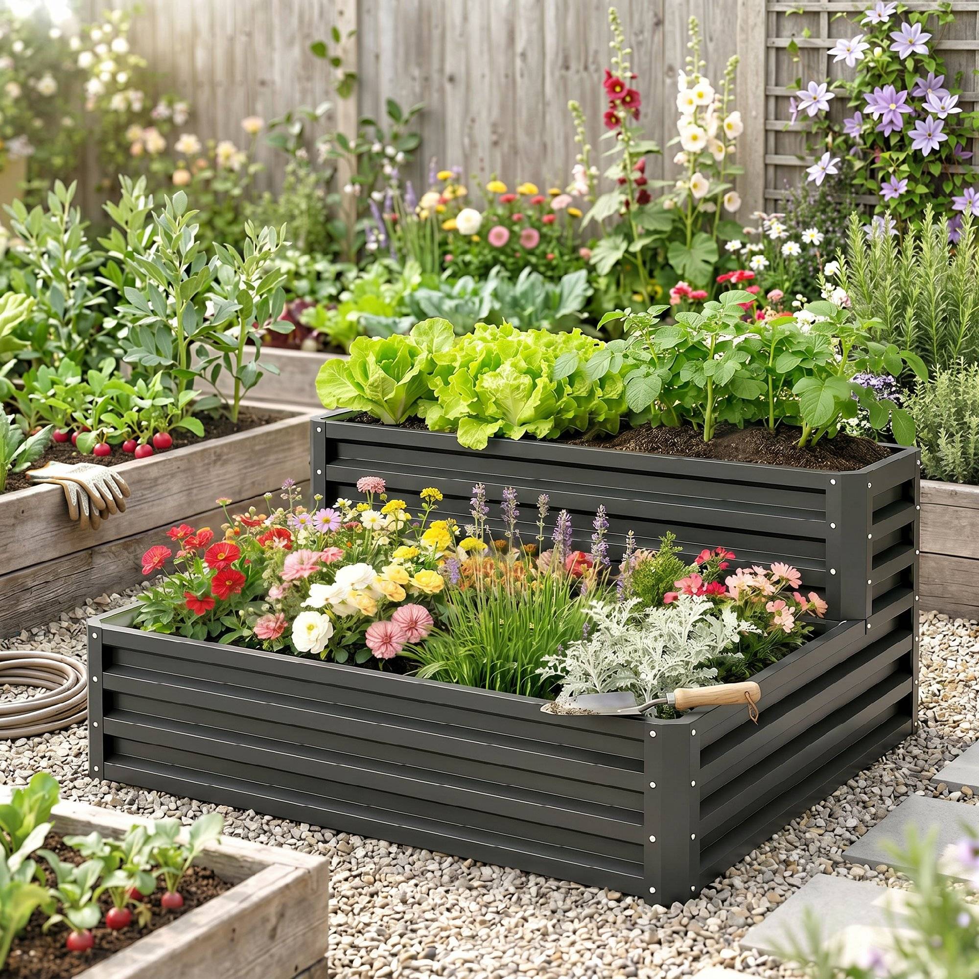 Sans Marque - Carré potager de jardin fond ouvert 2 étages pour herbes légumes fruits fleurs 120 x 101 x 58 cm gris foncé - Image 9