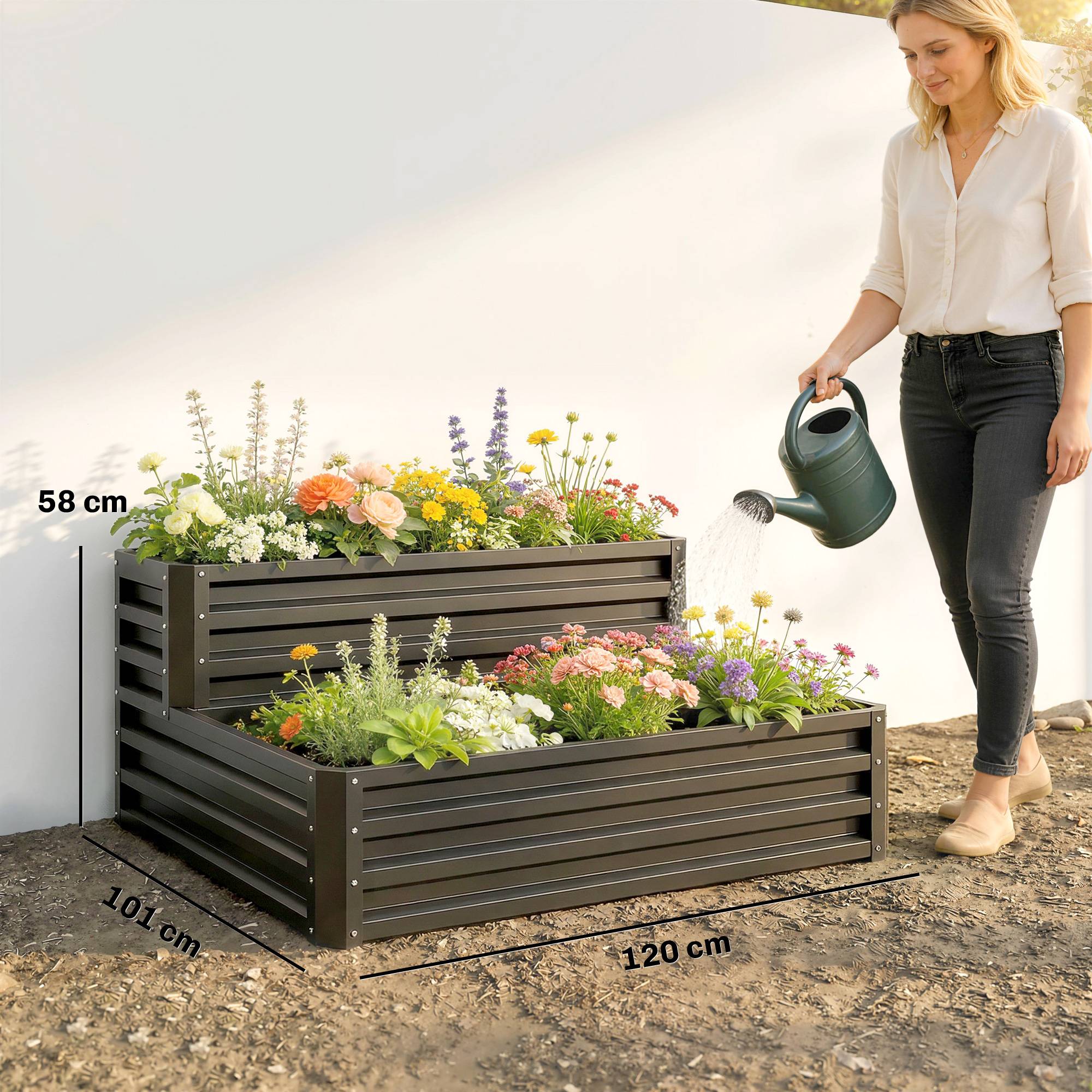 Sans Marque - Carré potager de jardin fond ouvert 2 étages pour herbes légumes fruits fleurs 120 x 101 x 58 cm gris foncé - Image 5