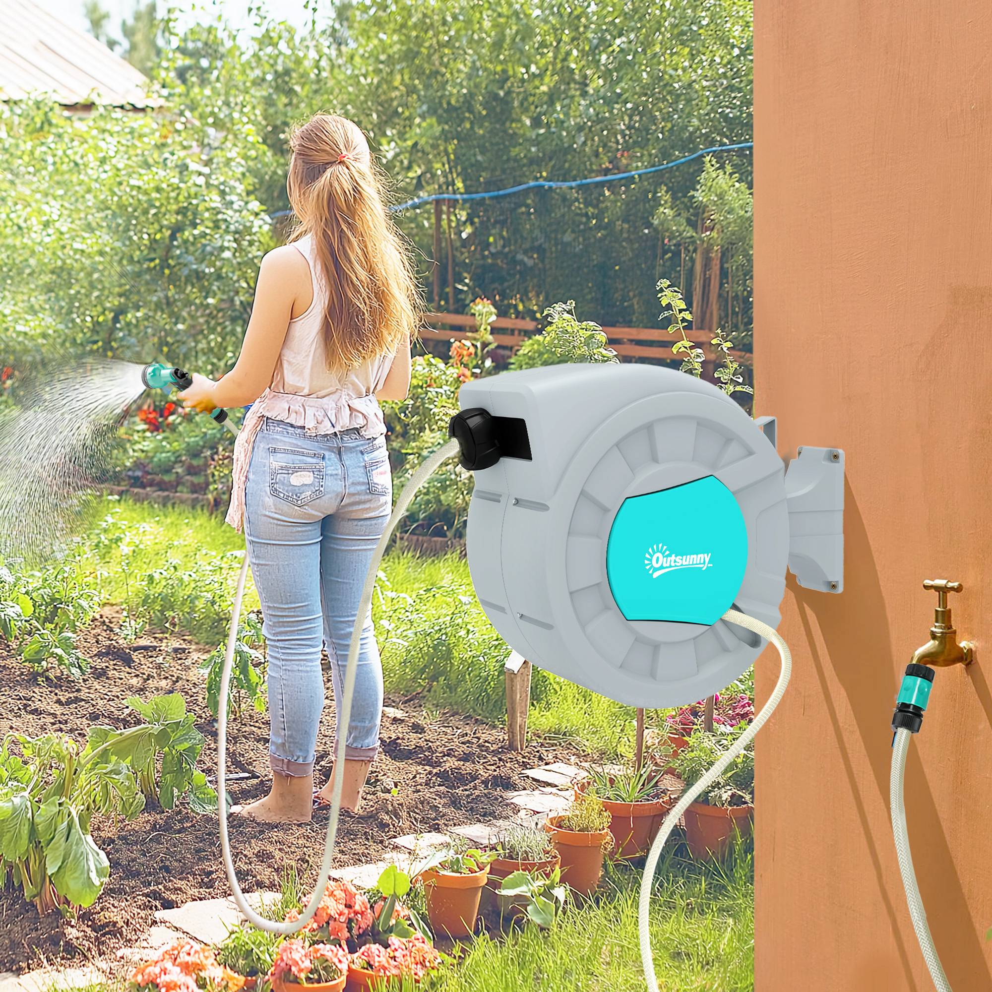ComfortXL - Enrouleur de tuyau d'arrosage automatique en PP vert et gris 30 + 2 m mural ou portable avec 7 jets réglables - Image 1