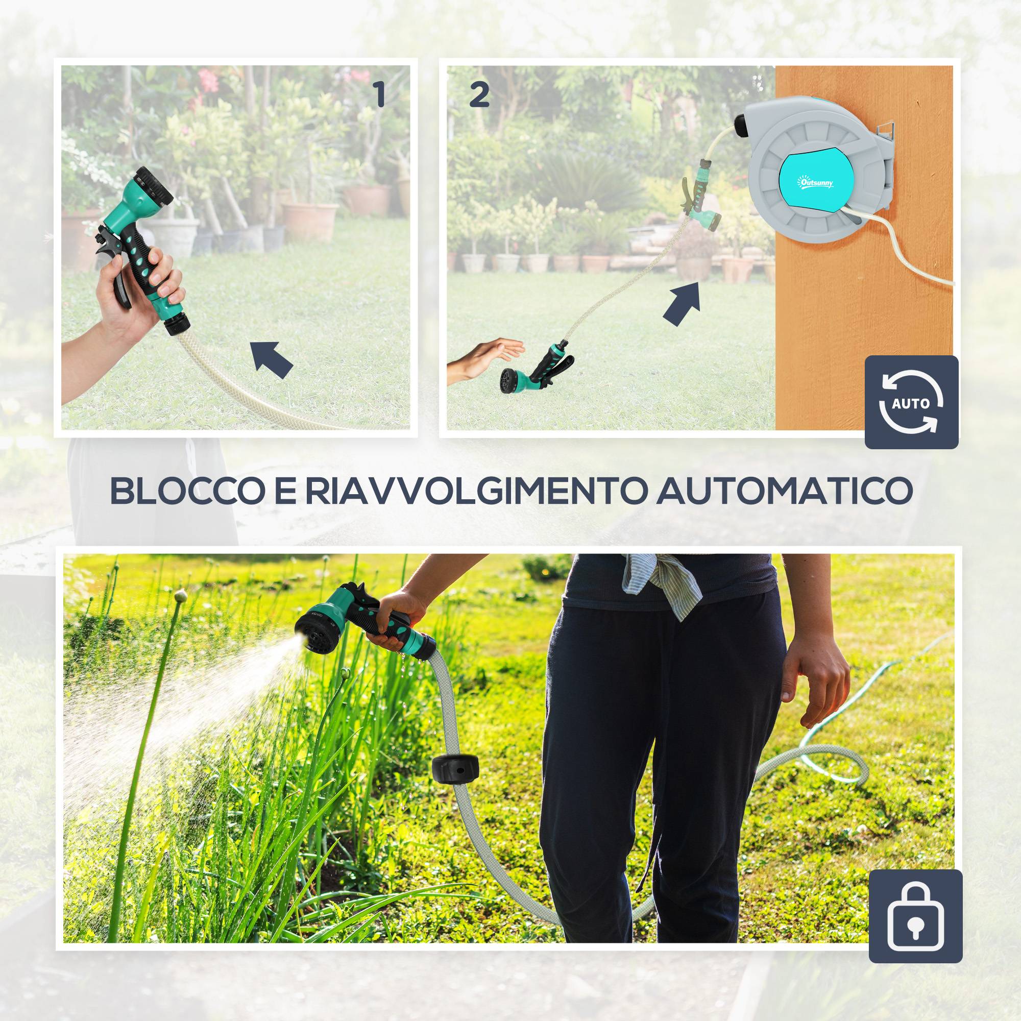 ComfortXL - Enrouleur de tuyau d'arrosage automatique en PP vert et gris 30 + 2 m mural ou portable avec 7 jets réglables - Image 6