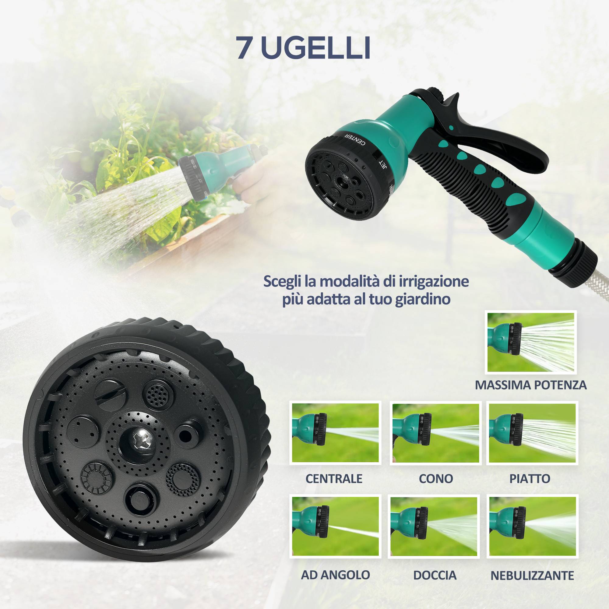 ComfortXL - Enrouleur de tuyau d'arrosage automatique en PP vert et gris 30 + 2 m mural ou portable avec 7 jets réglables - Image 7