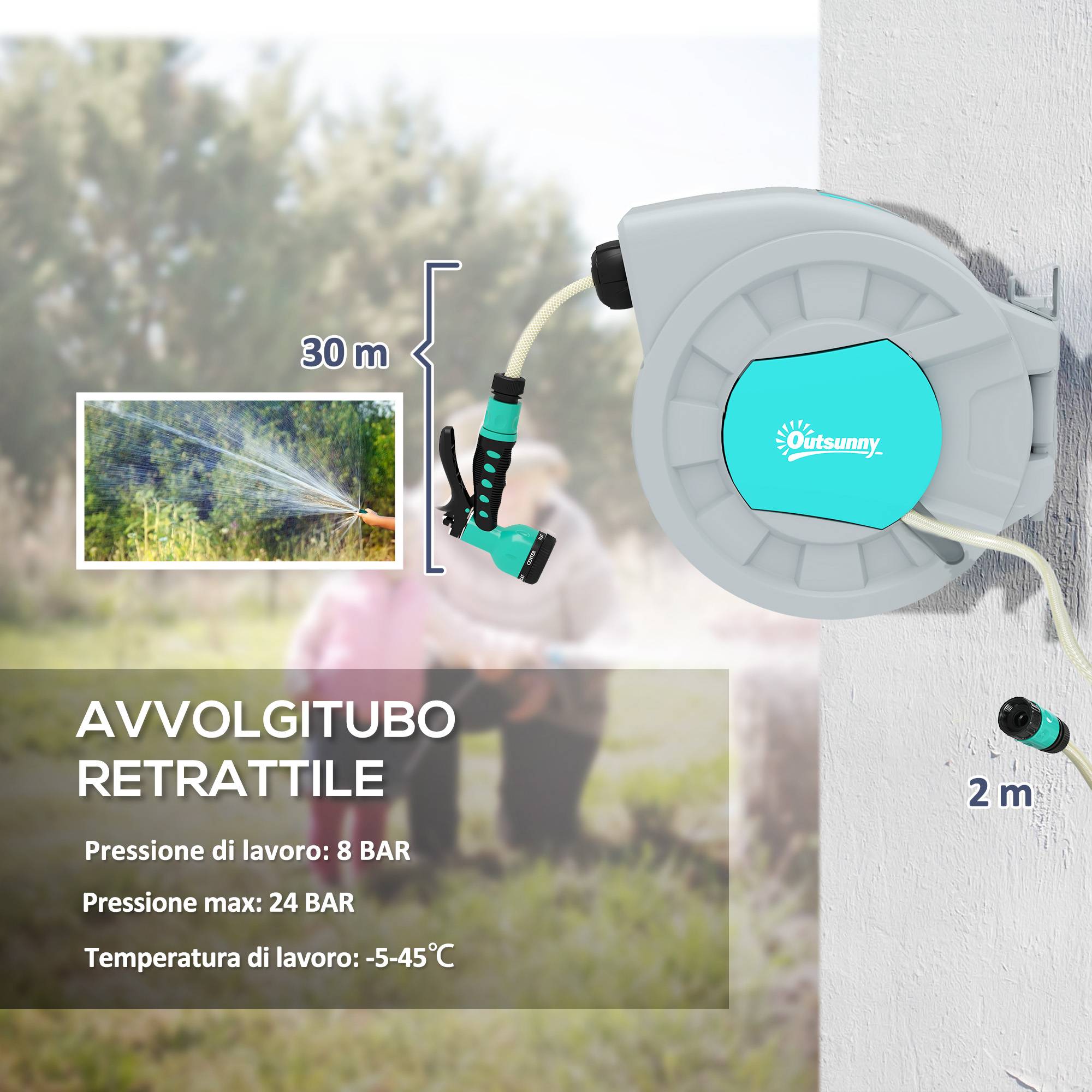 ComfortXL - Enrouleur de tuyau d'arrosage automatique en PP vert et gris 30 + 2 m mural ou portable avec 7 jets réglables - Image 4