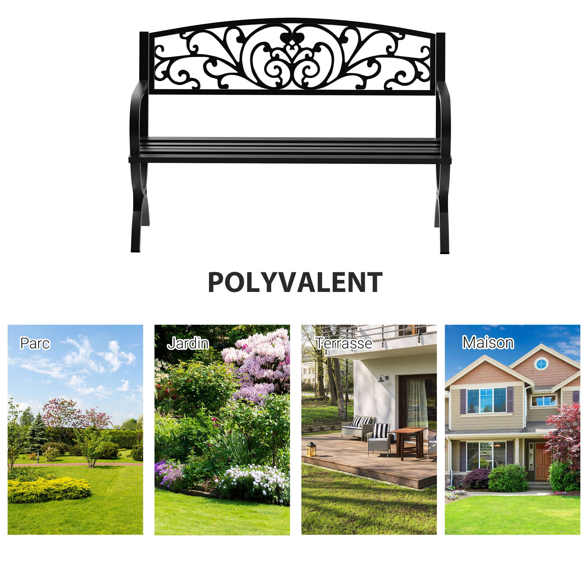 Banc de jardin terrasse en acier fonte noir 3 places 127 x 60 x 85 cm charge max 240 Kg - Image 8