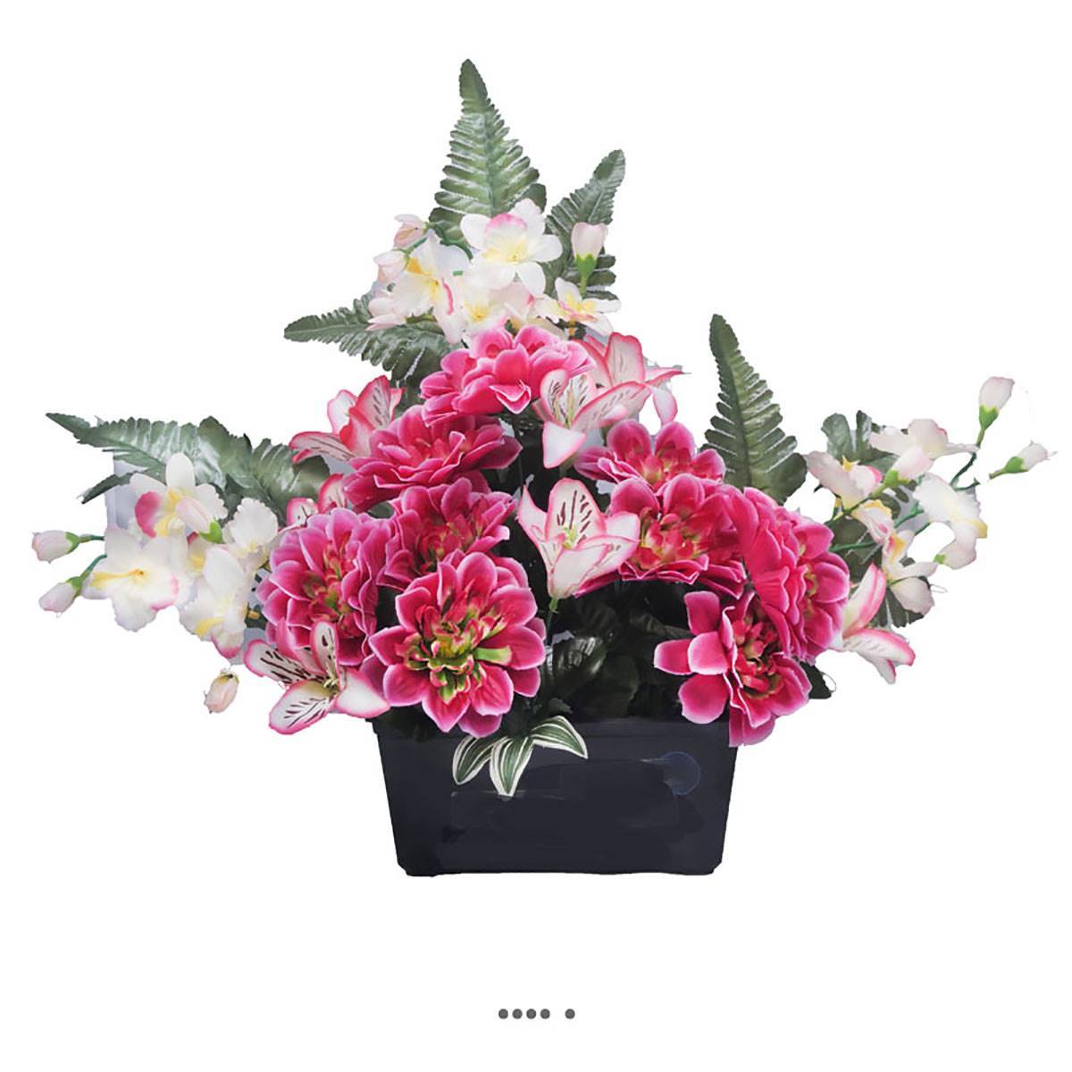 Artificielles - Jardinière fleurs artificielles cimetière dahlias et lys Rose fushia - couleur: Rose fushia 730 - Imagen 1