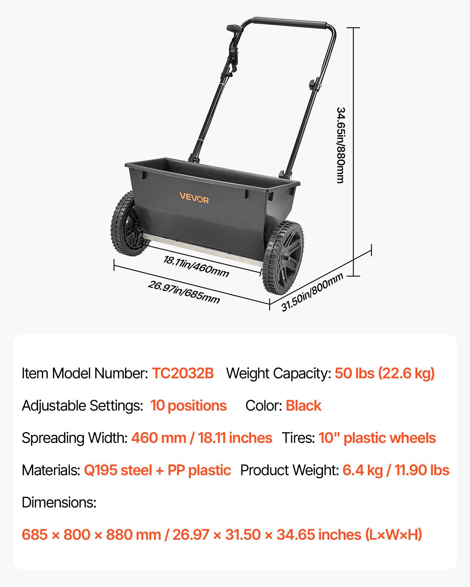 Vevor - VEVOR Épandeur Engrais Semence Semoir à Pousser Capacité 22,6 kg Épandage 46 cm - Image 7