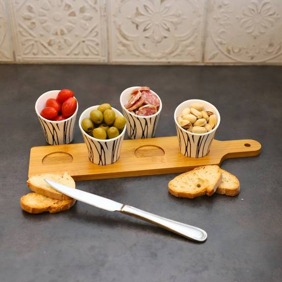 ~ Set apéritif tapas 4 verrines bambou et céramique blanc et marron 34.5 x 8 cm Chemin de campagne - Imagen 4