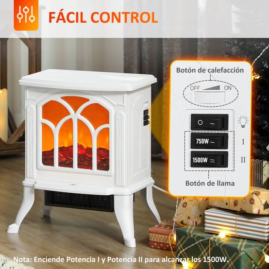 Cheminée électrique sur pied 750/1500W 2 niveaux puissance effet flamme couverture 15-20 m² blanc - Image 6