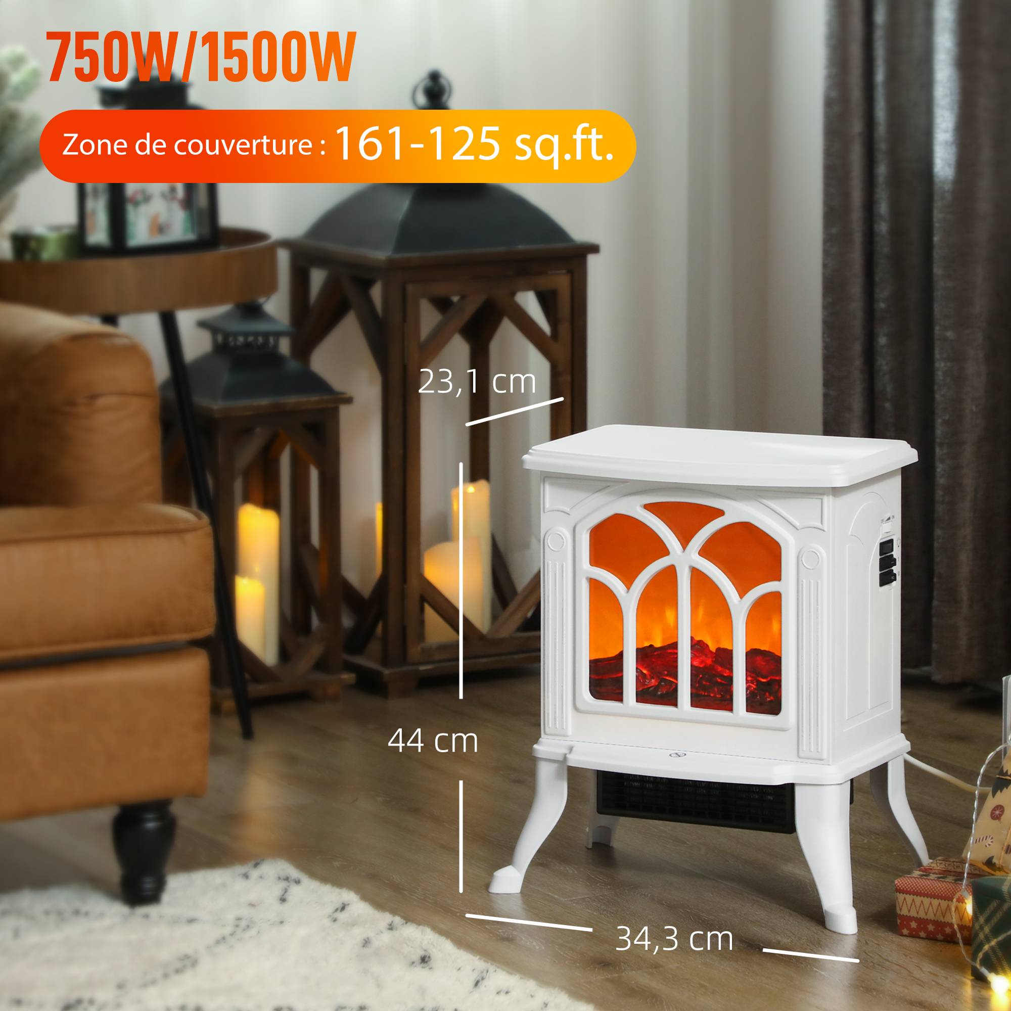 Cheminée électrique sur pied 750/1500W 2 niveaux puissance effet flamme couverture 15-20 m² blanc - Image 5