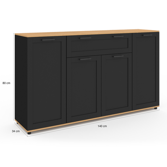 Buffet 140 cm VITO 4 portes et 1 tiroir noir et bois - Image 5