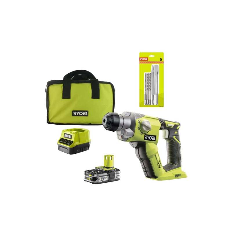 Ryobi - Pack Marteau perforateur RYOBI 18V One+ - 1 batterie LithiumPlus 2.5Ah - Kit 3 forets RYOBI plus 2 burins SDS+ - RAKSP05
