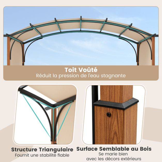 Helloshop26 - Pergola rétractable 300 x 360 cm pergola métallique à arcs pour patio avec auvent rétractable poteaux aspect bois tonnelle treillis gris - Imagen 4