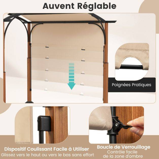 Helloshop26 - Pergola rétractable 300 x 360 cm pergola métallique à arcs pour patio avec auvent rétractable poteaux aspect bois tonnelle treillis gris - Imagen 3