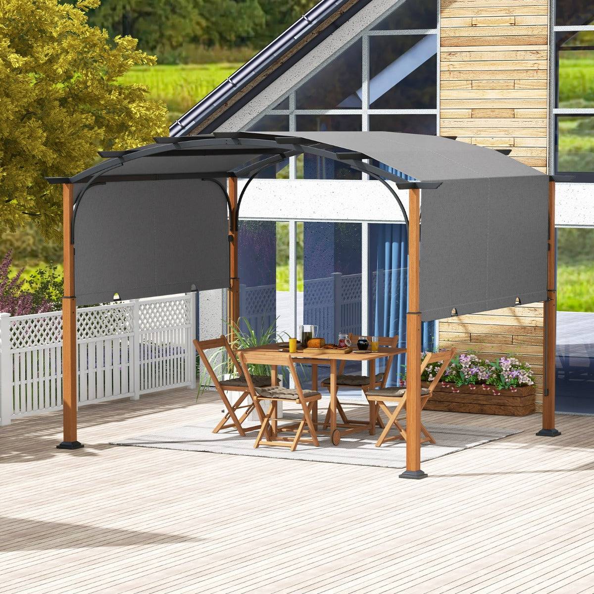 Helloshop26 - Pergola rétractable 300 x 360 cm pergola métallique à arcs pour patio avec auvent rétractable poteaux aspect bois tonnelle treillis gris - Imagen 2
